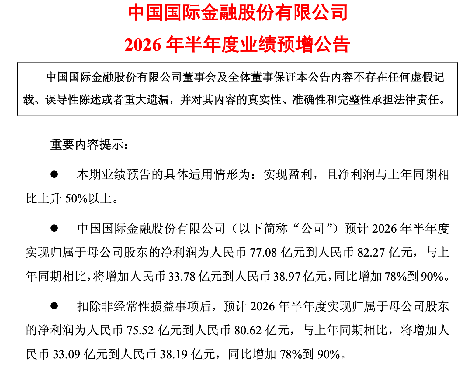 中金公司预告半年净利润不低于77亿，同比增幅超78%